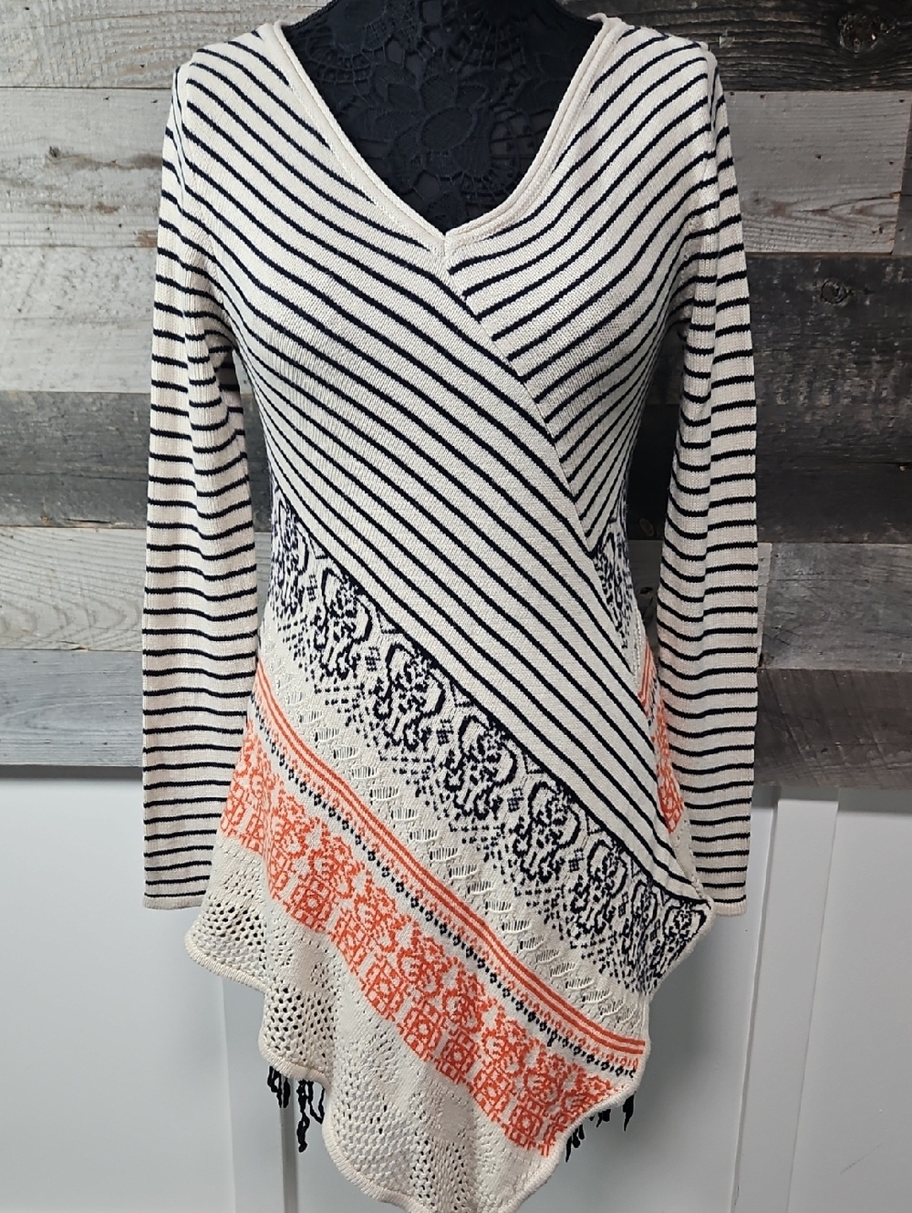 Belldini Cream Knit Top with Black and Coral Accents